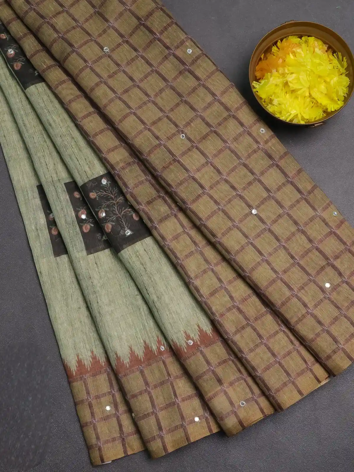 Light Green and Olive Green Mirror work Linen Cotton Saree